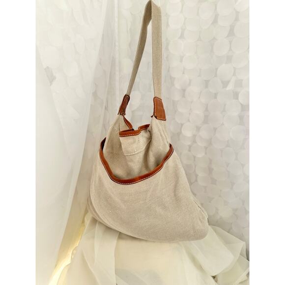 TERRA PAX Large Linen HEMP Slouchy Shoulder Bag Beige Leather Trim Sustainable - Picture 2 of 9